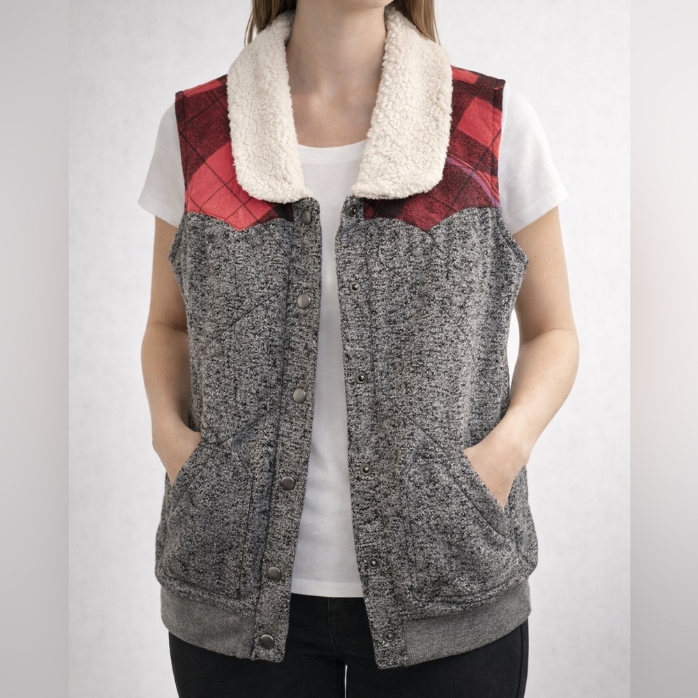 Plaid Accent Sherpa-Collar Vest